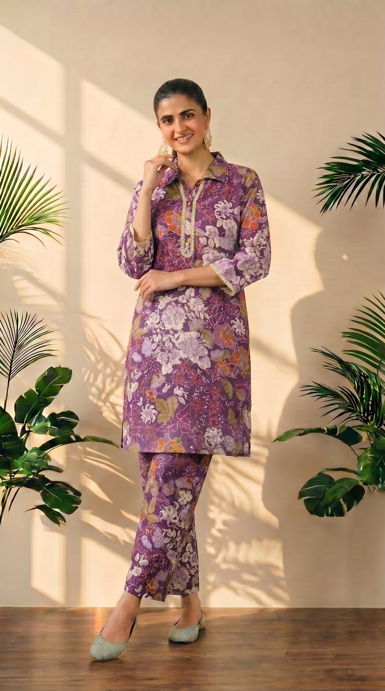 Wine Floral Print Kurta & Pant Co-Ord Set