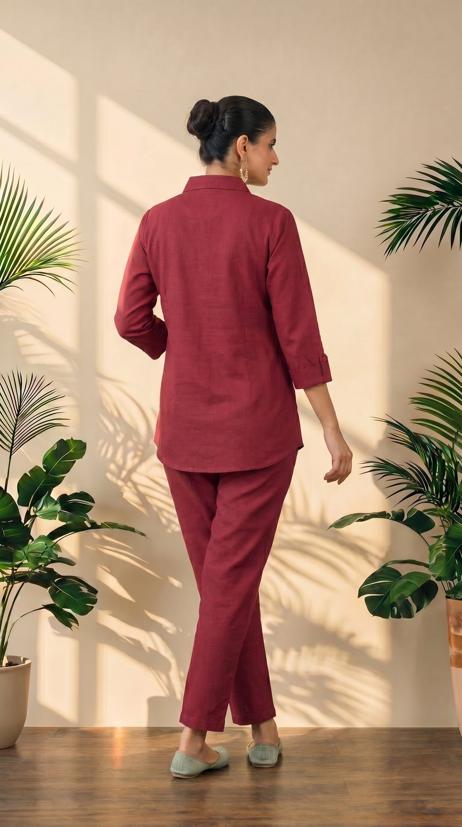 Maroon Cotton Shirt & Pant Co-Ord Set