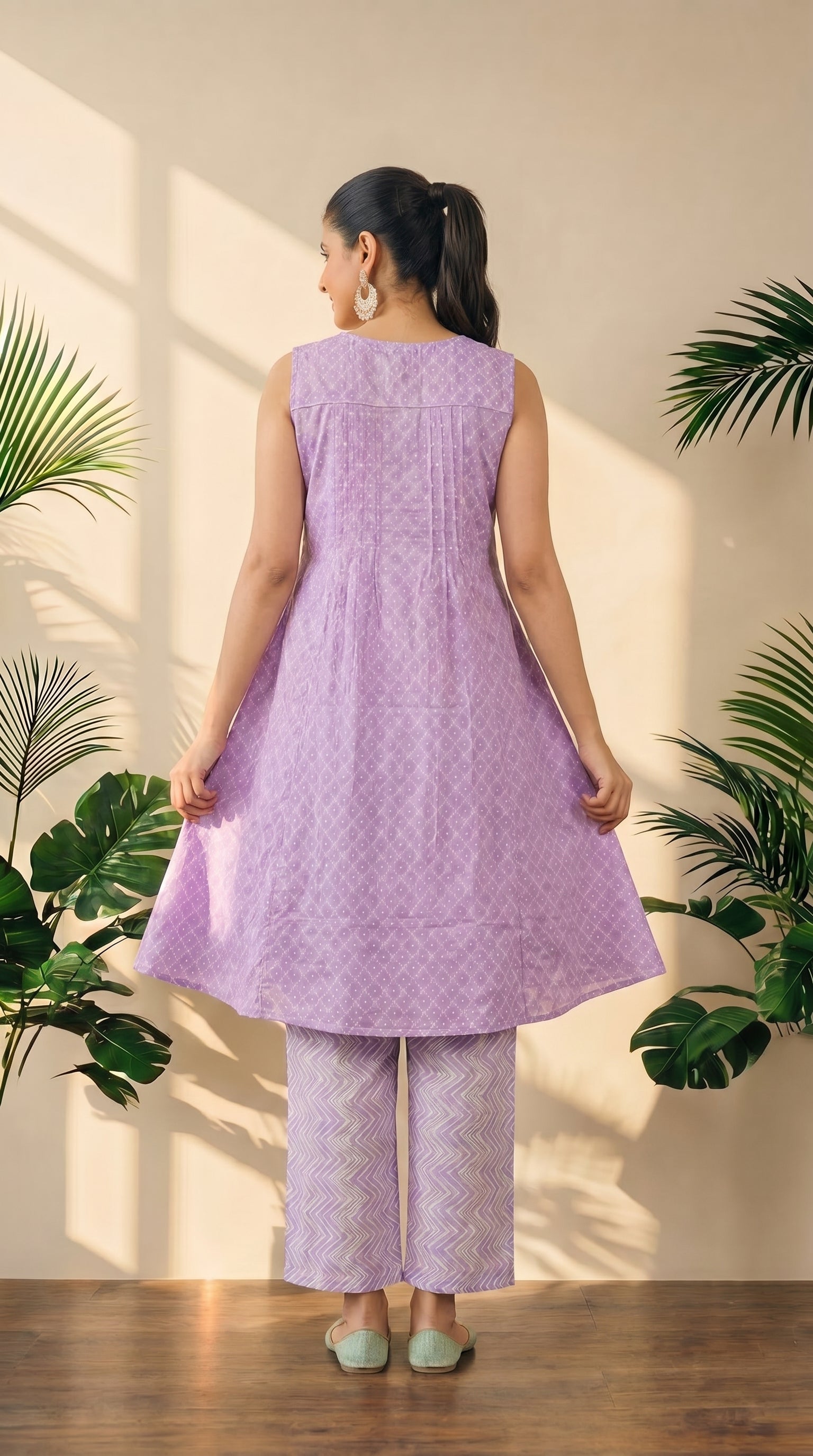 Lavender Sleeveless A-Line Kurti Pant Set